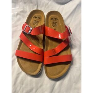 Ara High Soft Coral Pink Patent Leather Buckle Slide Sandals Womens Size 40
